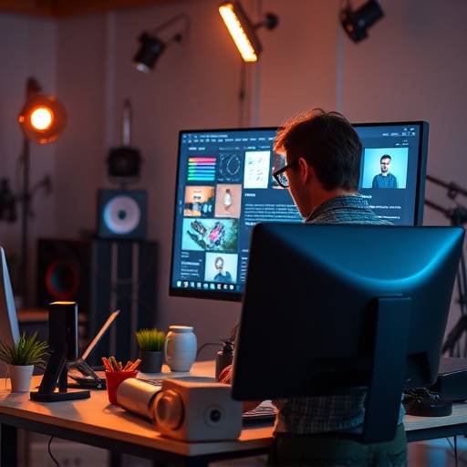 A designer working on a graphic design project with various design elements and tools on their screen, illustrating graphic design tips