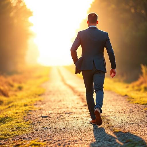 A person confidently walking towards a new path, symbolizing a successful career change