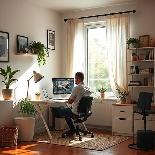A person working remotely from a comfortable home office setup, showcasing the benefits of remote work